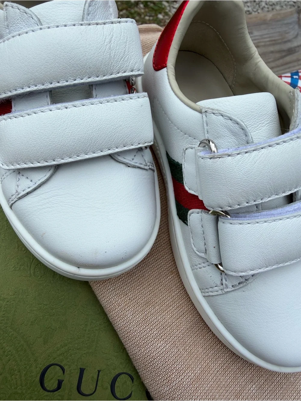 Kids White Leather Sneakers with Red & Green Stripe